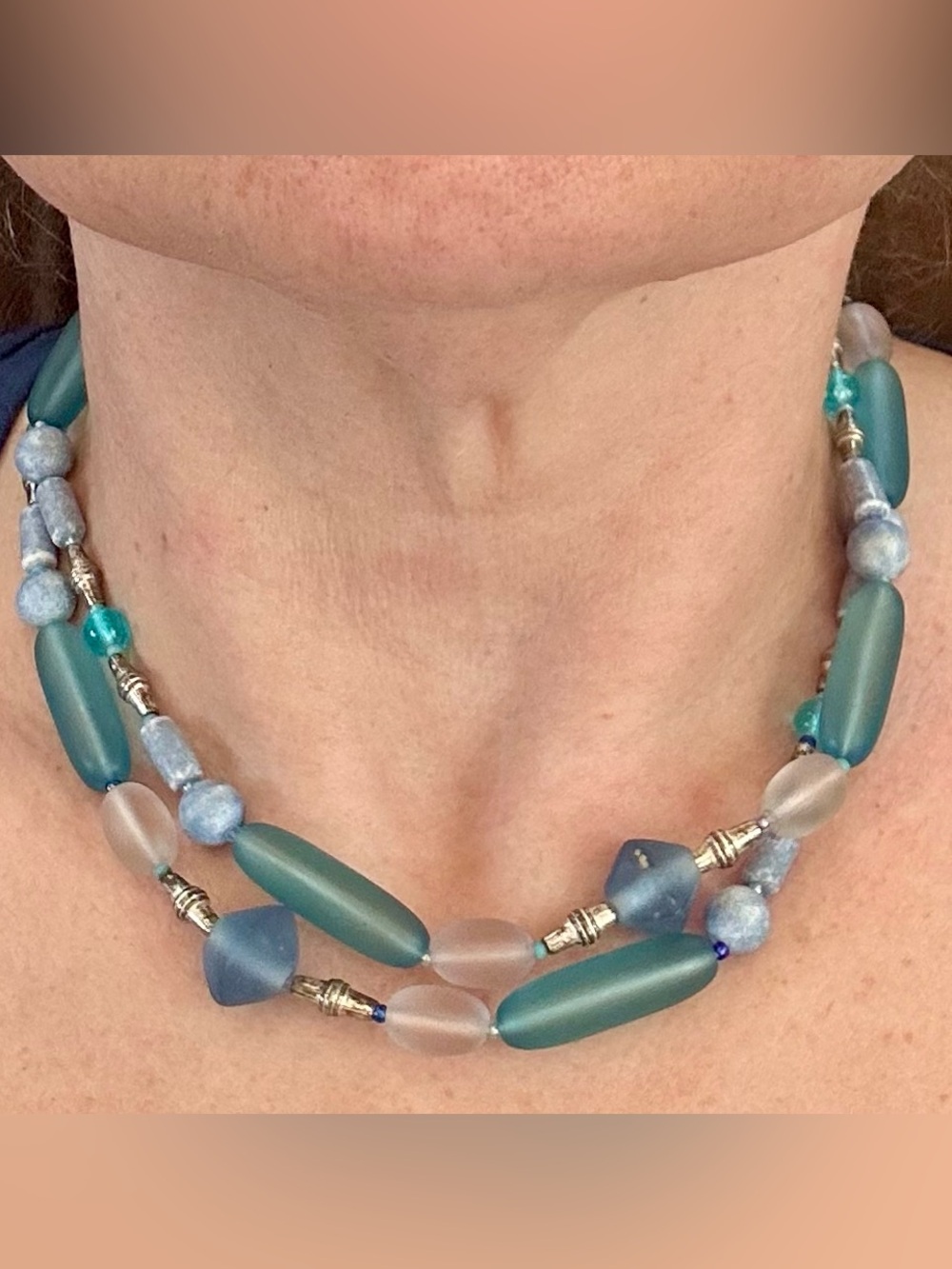 Liz Claiborne Blue Sea Glass Beaded Necklace | Long 32.5" | Coastal Barrel Clasp